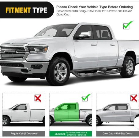 2009 2010 2011 2012 2013 2014 2015 2016 2017 2018 Dodge RAM 1500; 2019 2020 2021 2022 2023 1500 Classic Quad Cab Running Boards Dual-Stage Textured Black Powder Coated Slip-Proof Side Step Nerf Bars - Image 4